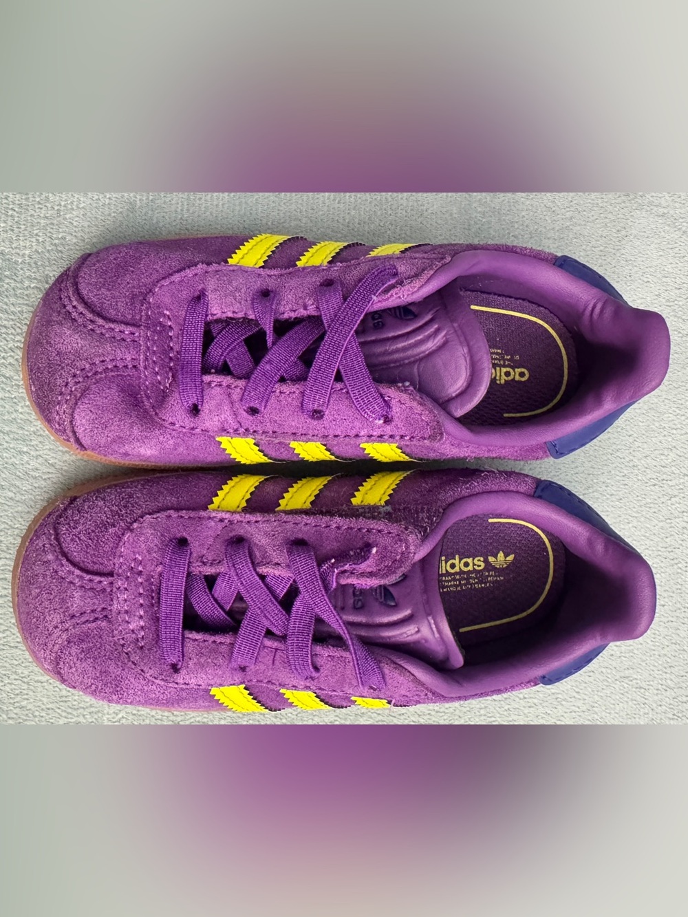 Adidas Kids Gazelle Purple with Yellow Stripes Sneakers size 8